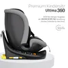 A side view of a premium child car seat, presented on a white pedestal with text overlays. Produktbild-Vorschau