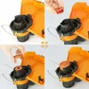 A four-panel collage showing the steps to replace a spool of trimmer line on a string trimmer head. Produktbild-Vorschau