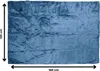 A top-down view of a blue heated blanket laid flat. Dimensions are indicated with arrows and text. Produktbild-Vorschau