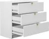 A white chest of drawers with three open drawers, showing the interior and drawer slides. The drawer fronts have a ribbed texture and gold handles. Náhľad obrázku produktu