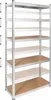 A metal shelving unit with wooden shelves, shown from the front. Produktbild-Vorschau