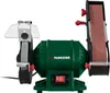 A studio shot of a green and gray bench grinder with a sanding belt attachment. Produktbild-Vorschau