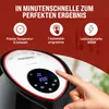 A hand is shown interacting with the digital display of an air fryer, with marketing text and feature icons above. Produktbild-Vorschau