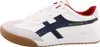 A side view of a white Skechers sneaker with navy blue accents and a tan sole. Produktbild-Vorschau