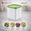 A white storage container with a green lid is shown, with dimensions and capacity indicated. Four circular images below show examples of food items that can be stored in the container. Produktbild-Vorschau