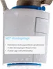 Close-up of a white device with blue accents, attached to a metal pipe. The device has water droplets on its surface. A white box with text is overlaid on the lower part of the image. Produktbild-Vorschau