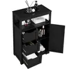 A black wooden bathroom cabinet with three drawers and an open door, displaying towels and bottles. Produktbild-Vorschau