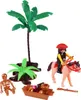 A collection of pirate-themed toy figures and accessories, including a palm tree, a skeleton, a pirate on a horse, a treasure chest, and a rifle. Produktbild-Vorschau