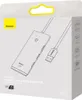 The image shows the packaging of a Baseus 4-port USB-A hub adapter. Voir les images du produit