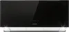 A black island range hood mounted on a white ceiling or cabinet. Produktbild-Vorschau