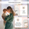 A mother holding her baby, with marketing callouts about the product's features. Produktbild-Vorschau