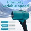 A teal and black leaf blower is shown in front of a snowy mountain landscape with text overlays describing its features. Náhled obrázku produktu