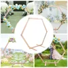 Collage of images showing a hexagonal wooden arch decorated with balloons and flowers for various events like parties and weddings. Náhled obrázku produktu