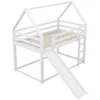 A white wooden loft bed with a house-shaped frame, a slide, and a ladder, shown against a white background. Anteprima dell’immagine prodotto