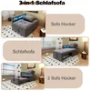 A collage of images showing a gray sofa bed in different configurations, with text overlays indicating its functions. Voir les images du produit