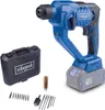 A blue and gray cordless hammer drill with its accessories and a black carrying case, all set against a white background. Produktbild-Vorschau