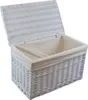 A white wicker laundry basket with a beige fabric lining and an open lid, shown against a white background. Produktbild-Vorschau