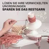 A hand is shown using a pink and white yarn winder to organize pink yarn, with several balls of yarn in the background. Produktbild-Vorschau