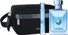A Versace Pour Homme gift set including a toiletry bag, a travel-sized fragrance spray, and a full-sized fragrance bottle. Produktbild-Vorschau