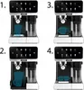A collage of four images showing a coffee machine with different cup sizes and heights indicated by blue outlines and measurements. Produktbild-Vorschau