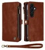A brown leather wallet-style phone case with a zipper and a wrist strap is shown. Produktbild-Vorschau