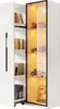 A white cabinet with glass doors displaying toys and books, illuminated by LED lights. Produktbild-Vorschau