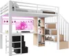 A loft bed with a desk, storage stairs, and LED lighting. Voir les images du produit