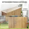 A two-part image showing a wooden garden cabinet. The top part shows the angled roof with rain, and the bottom part shows the doors with water droplets. Produktbild-Vorschau