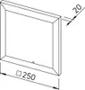 A technical drawing of a square ventilation unit with dimensions indicated. Produktbild-Vorschau