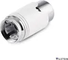 A product shot of a white and silver radiator thermostat head against a white background. Produktbild-Vorschau