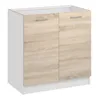 A white and wood-grain kitchen cabinet with two doors and silver handles, shown against a white background. Produktbild-Vorschau
