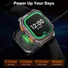 A smartwatch is shown charging on its dock, with text overlay highlighting its battery life. Produktbild-Vorschau