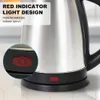 Close-up of a stainless steel electric kettle with a red indicator light, featuring marketing text about its design. Produktbild-Vorschau