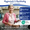 An older woman is in a laundry room holding a basket of clean laundry, with product features highlighted in text overlays. Produktbild-Vorschau