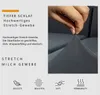 A hand stretching a dark gray fabric, likely a sofa cover, with descriptive text and icons. Produktbild-Vorschau