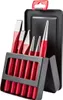 A set of punches and chisels in a black holder, with a black case in the background. Produktbild-Vorschau