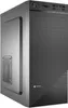 A black computer tower case is shown from a three-quarter front angle against a light gray background. Produktbild-Vorschau