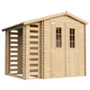 A wooden garden shed with an attached wood storage area, shown from the front. Produktbild-Vorschau