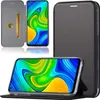 A black flip case for a smartphone, shown in multiple views, including open and closed. Produktbild-Vorschau