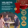 A marketing image showing a red table cover on a high table, with people socializing in the background and icons representing different uses. Produktbild-Vorschau