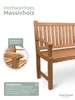 A close-up of a wooden garden bench with text overlays highlighting its features and care instructions. Produktbild-Vorschau