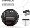 The image shows the underside of a robot vacuum cleaner and close-ups of replacement parts, along with compatibility information. Produktbild-Vorschau