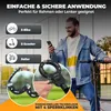 A man is holding a smartphone and an e-scooter lock, with an e-scooter in the background. The image also features graphics and text highlighting product features and applications. Produktbild-Vorschau