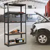 A black metal shelving unit filled with tools and toolboxes in a garage or workshop setting, with a white car being worked on in the background. Produktbild-Vorschau