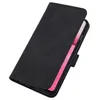 A black flip-style phone case with a geometric embossed pattern is shown partially open, revealing a pink phone inside. Náhled obrázku produktu