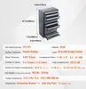 A 3D rendering of a gray storage cabinet with multiple drawers, with dimensions and specifications listed. Anteprima dell’immagine prodotto