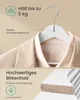 A close-up of a white wooden hanger holding a beige garment, with text overlays highlighting product features. Produktbild-Vorschau