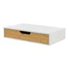A white shelf with a wooden drawer front and a black handle, isolated on a white background. Podgląd zdjęcia produktu