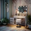 A well-lit vanity area with a white makeup table, mirror with LED lights, and a stool, set against a wall with palm tree wallpaper. Voir les images du produit