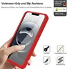 A hand holding a red phone case with a smartphone inside. Several feature icons and text are present. Produktbild-Vorschau